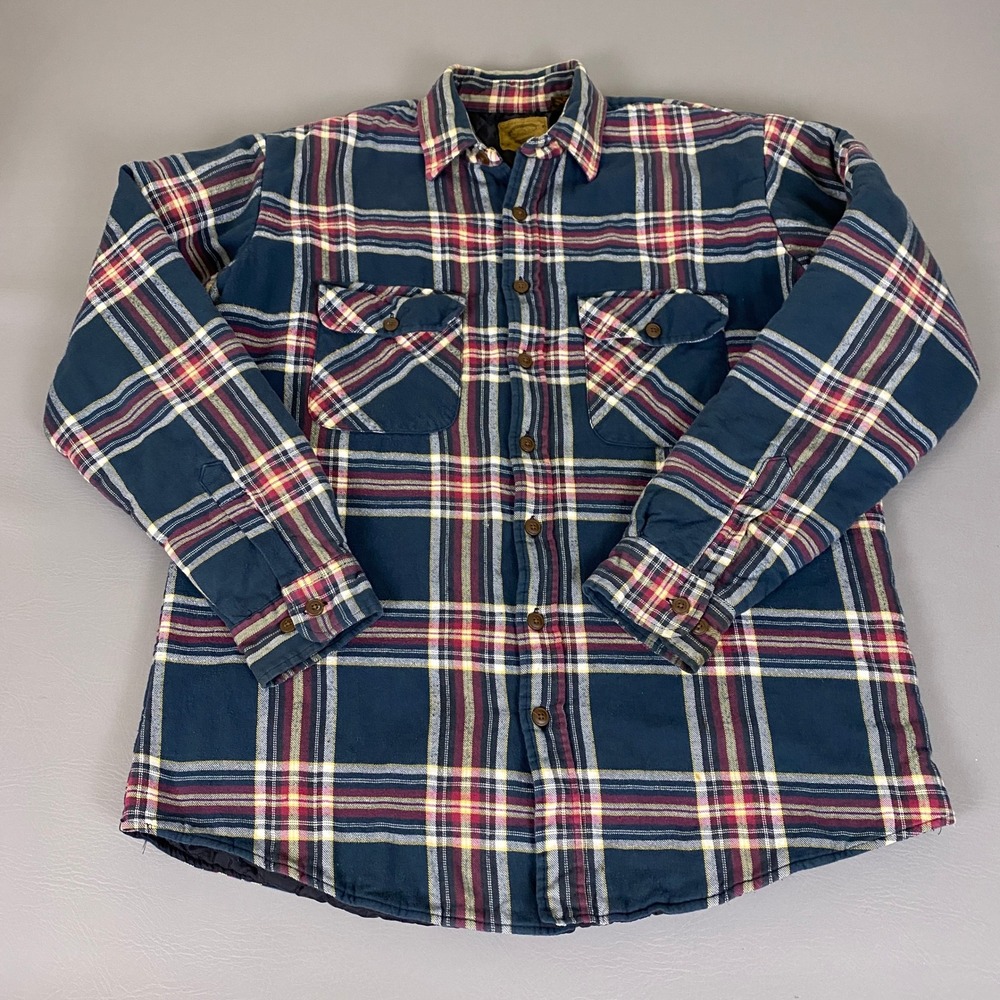 St Johns Bay Quilted Flannel Shirt Jacket Mens LXT Navy Blue Plaid Heavy *Wear*